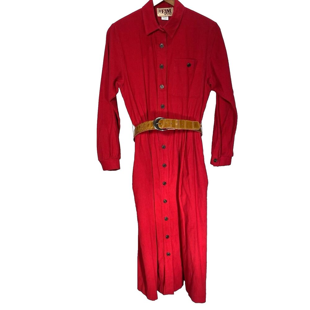 Vtg EJM Dress Corduroy Belted Midi Button Long Sleeve 70s Women 10 P Petite Red